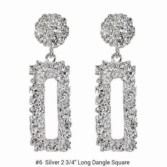 Clip on 3" silver textured dangle long square earrings - Picture 2 of 4